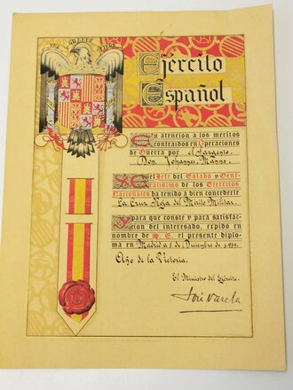 2 grossformatige Verleihungsurkunden für einen Deutschen Kämpfer im spanischen Bürgerkrieg, Verliehen wurden " Medalla de la Campana" und " La Cruz Roja del Merito Militar"