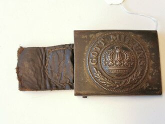 1. Weltkrieg Preussen, Koppelschloss für Mannschaften aus Eisen, feldgrau lackiert. An Lederzunge