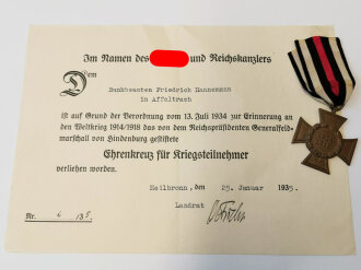 Ehrenkreuz für Kriegsteilnehmer am Band, dazu die Verleihungsurkunde