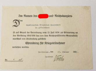 Ehrenkreuz für Kriegsteilnehmer am Band, dazu die Verleihungsurkunde