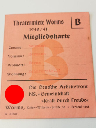 Mitgliedskarte "Theatermiete Worms 1940/41" der KDF Worms