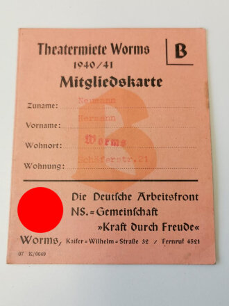 Mitgliedskarte "Theatermiete Worms 1940/41" der KDF Worms