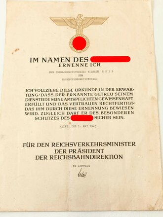 Deutsche Reichsbahn, 2 Ernennungsurkunden eines zuletzt...