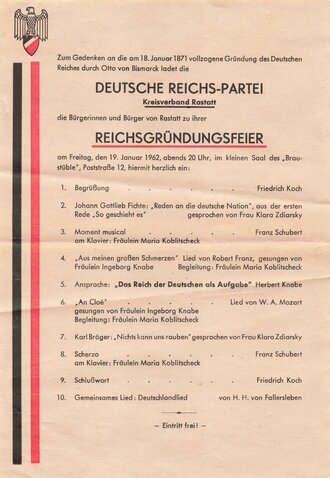 Deutschland nach 1945, Handzettel " Die Deutsche Reichs Partei" Kreisverband Rastatt datiert 1962, DIN A5