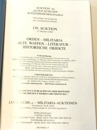"139. Auktion - Orden, Alte Waffen, Militaria, Literatur," - Jan K. Kube e.K., 251 Seiten, gebraucht, DIN A5, 