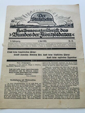 "Der Stahlhelm" Halbmonats Schrift des Bundes der Frontsoldaten, 1Juli 1921 Nr. 13, 