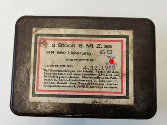 Preßstoff Transportkasten "3 Stück S. Mi.Zünder 35" datiert 1939