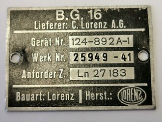 Luftwaffe Typenschild " B.G.16" Ln 27183