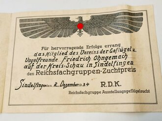 Reichsbund Deutscher Kleintierzüchter R.D.K., Große nichttragbare Auszeichnungsplakette "große Reichsfachgruppen- Plakette mit Urkunde" in defektem Etui im Umkarton. Ungereinigt