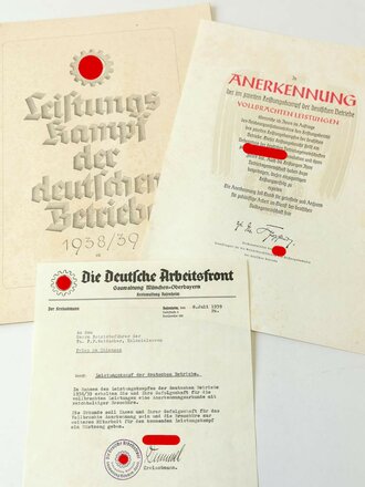 "Leistungskampf der deutschen Betriebe" Anerkennungsurkunde, Anschreiben und großformatiges Heft von 1939