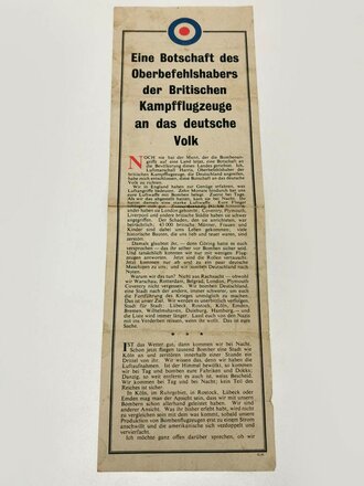 Großbritannien 2. Weltkrieg, Flugblatt G.41 "Eine Botschaft des Oberbefehlshabers der Britischen Kampfflugzeuge an das deuts he Volk"