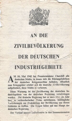 Großbritannien 2. Weltkrieg, Flugblatt G.69 " An die Bevölkerung der Deutschen Industriegebiete"