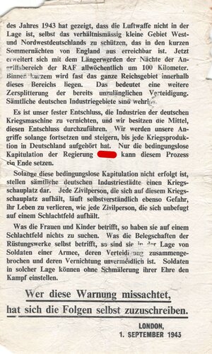 Großbritannien 2. Weltkrieg, Flugblatt G.69 " An die Bevölkerung der Deutschen Industriegebiete"