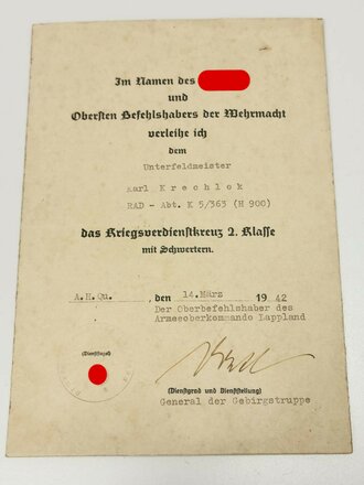 General der Gebirgstruppe Oberst Dietl, eigenhändige Unterschrift auf Verleihungsurkunde zum KVK 2. Klasse mit Schwertern als Oberbefehlshaber der Armeeoberkommando Lappland am 14. März 1942. Urkunde auf Pappe