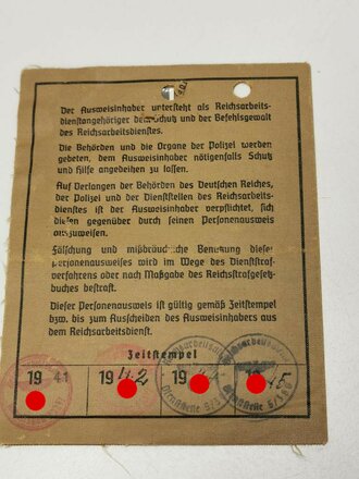 Reichsarbeitsdienst Personenausweis eines Angehörigen aus Bremen