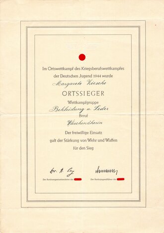 Urkunde für Ortssieger im Ortswettkampf des Kriegsberufswettkampfes der Deutschen Jugend 1944, DIN A4, gefaltet