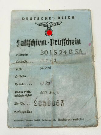 Luftwaffe, Fallschirm Prüfschein Baumuster 30 IS 24 B SA ( Sitzfallschirm) geführt bis 1944