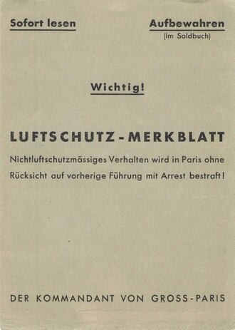 "Luftschutz-Merkblatt" Der Kommandant von Gross-Paris