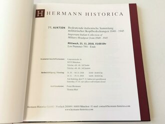 "Hermann Historica 77. Auktion" - Bedeutende italienische Sammlung militärischer Kopfbedeckungen 1848-1945, gebraucht, 156 Seiten, DIN A5