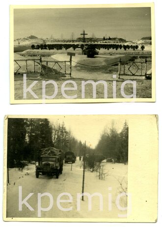 Acht Aufnahmen von Angehörigen des Heeres in Wintertarn bekleidung in ihren Feldstellungen und auf dem Marsch, maße 7 x 10cm