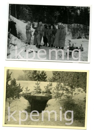 Acht Aufnahmen von Angehörigen des Heeres in Wintertarn bekleidung in ihren Feldstellungen und auf dem Marsch, maße 7 x 10cm