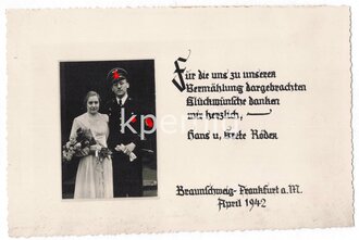 Dankeskarte eines Angehörigen der Allgemeinen SS mit seiner Braut in Frankfurt 1942, maße 9 x 13cm
