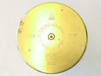 1.Weltkrieg Messingkartusche "Patronenfabrik Karlsruhe 1917"  Durchmesser 77mm, Höhe 22,5cm