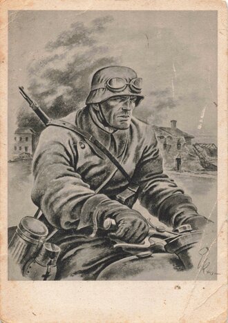 Ansichtskarte "PK.-Zeichnung Kriegsberichter Kretschmann", an den Ecken geknickt, Maße 10 x 15cm