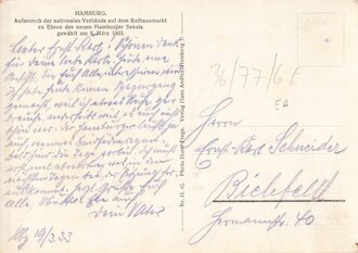 Ansichtskarte "Hamburg, Aufmach der nationalen Verbände auf dem Rathausmarkt zu Ehren des neuen Hambuger Senats gewählt am 8. März 1933i"