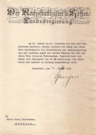 Jacob Sprenger Gauleiter von Hessen, eigenhändige Unterschrift auf Anschreiben zum Fest der goldenen Hochzeit, datiert 1940