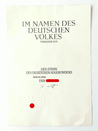 Große Verleihungsurkunde zum Stern des Deutschen Adlerordens. Nicht ausgefüllt, in sehr gutem Zustand