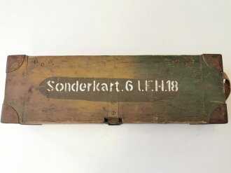 Transportkasten aus Holz " Sonderkart. 6 l.F.18 " Original Tarnlackierung, datiert 1937