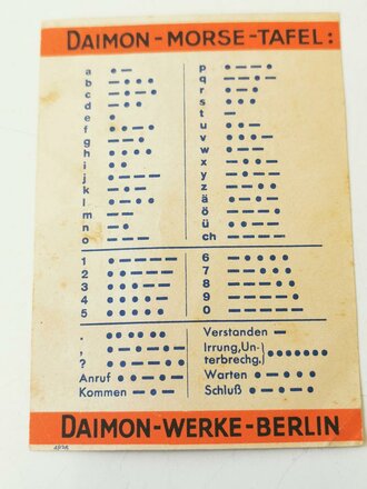 Daimon kleines Werbeblatt, Rückseitig Morse Tafel 8 x 11cm