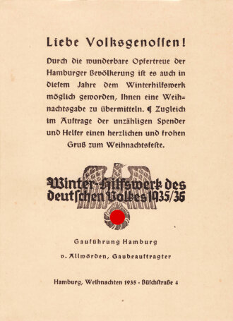 Winterhilfswerk Gau Hamburg , Beikarte zu einer...