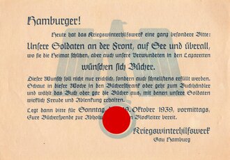 Winterhilfswerk Gau Hamburg , Aufruf zur Spende von Büchern für Soldaten, datiert 1939