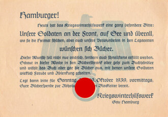 Winterhilfswerk Gau Hamburg , Aufruf zur Spende von Büchern für Soldaten, datiert 1939