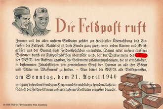 NSV Gau Hamburg , Aufruf zur Spende von Feldpostpaketen, datiert 1940