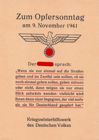 Winterhilfswerk, wohl  Gau Hessen Nassau, Aufruf zur Spende am Opfersonntag 9.November 1941