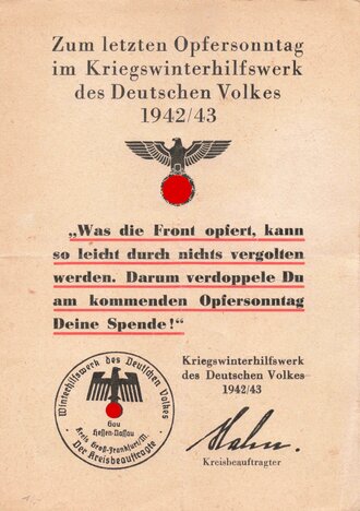 Winterhilfswerk Gau Hessen Nassau, Aufruf zur Spende im Kriegswinterhilfswerk 1942/43