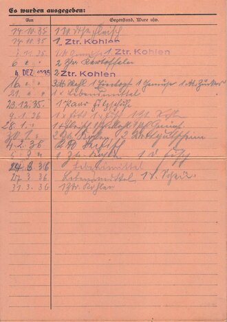Winterhilfswerk Gau Sachsen, Ausweis für die Abholung von Unterstützungen in der Stadt Zwickau 1935/36