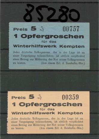 Winterhilfswerk , 2 Spendenbelege für das Winterhilfswerk Kempten