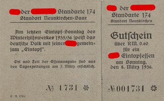 Winterhilfswerk Gau Saar, Gutschein über ein SA Eintopfessen 1936