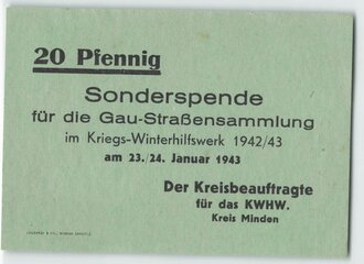 Winterhilfswerk Kreis Minden, Spendenbeleg 20 Pfennig für die Gau Straßensammlung des KWHW 1942/43, grün