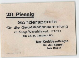 Winterhilfswerk Kreis Minden, Spendenbeleg 20 Pfennig für die Gau Straßensammlung des KWHW 1942/43, weiß