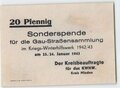 Winterhilfswerk Kreis Minden, Spendenbeleg 20 Pfennig für die Gau Straßensammlung des KWHW 1942/43, weiß