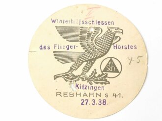Schützenscheibe aus Papier " Winterhilfsschiessen des Flieger Horstes Kitzingen 27.3.38." Durchmesser 10cm