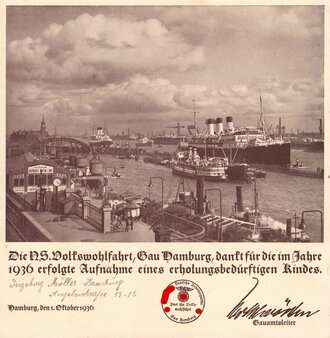 NSV  Hamburg, Dankesurkunde für die Aufnahme eines erholungsbedürftigen Kindes 1936