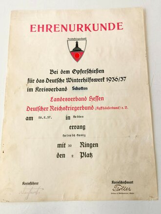 Ehrenurkunde für einen Angehörigen im Reichskriegerbund Kyffhäuser anlässlich des Opferschiessen des WHW 1936/37. DIN A4
