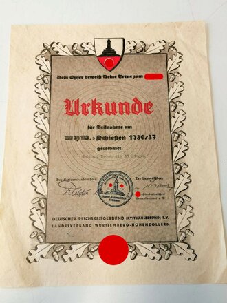 Ehrenurkunde für einen Angehörigen im Reichskriegerbund Kyffhäuser anlässlich des Opferschiessen des WHW 1936/37. DIN A4