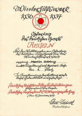 Anerkennungsurkunde für einen Angehörigen im Reichsbund für Leibesübungen anlässlich des Opfertag in Deutschen Sport Winterhilfeswerk 1936/37, DIN A4